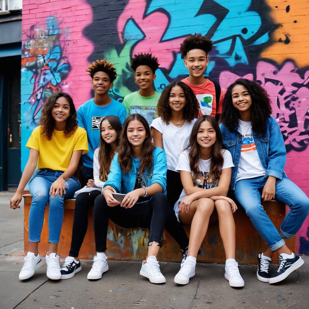 A vibrant scene of a diverse group of petite teens enjoying trendy fashion, surrounded by colorful street art and modern gadgets. They are engaged in various fun activities like skateboarding, listening to music, and taking selfies, showcasing a blend of cultural influences and unique styles. The backdrop features a trendy cafe and cityscape, symbolizing urban youth culture. super-realistic. vibrant colors. 3D.