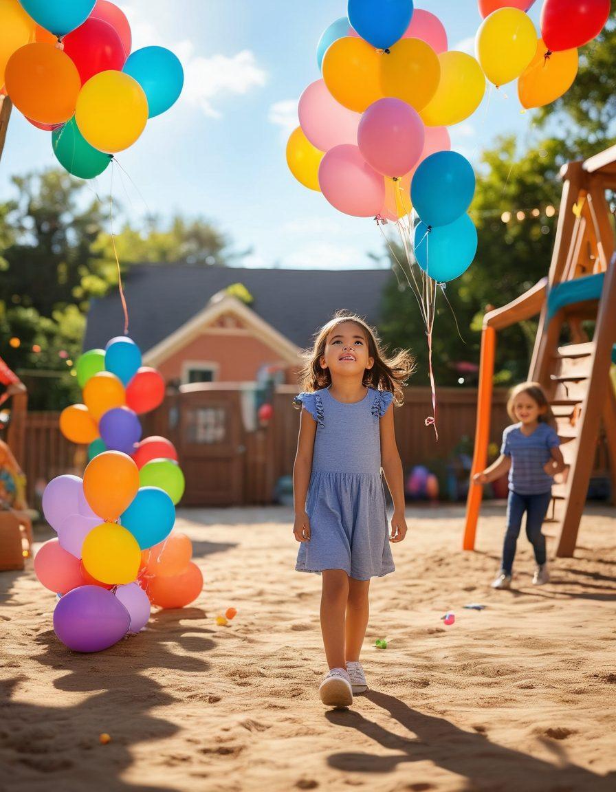 A warm, inviting scene of a petite girl confidently exploring a colorful playground, surrounded by supportive family members cheering her on. Include playful elements like balloons and butterflies that symbolize growth and confidence. Capture a bright, sunny sky to evoke a sense of happiness and encouragement. Illustrate a diverse family dynamic to resonate with all parents. vibrant colors. super-realistic.