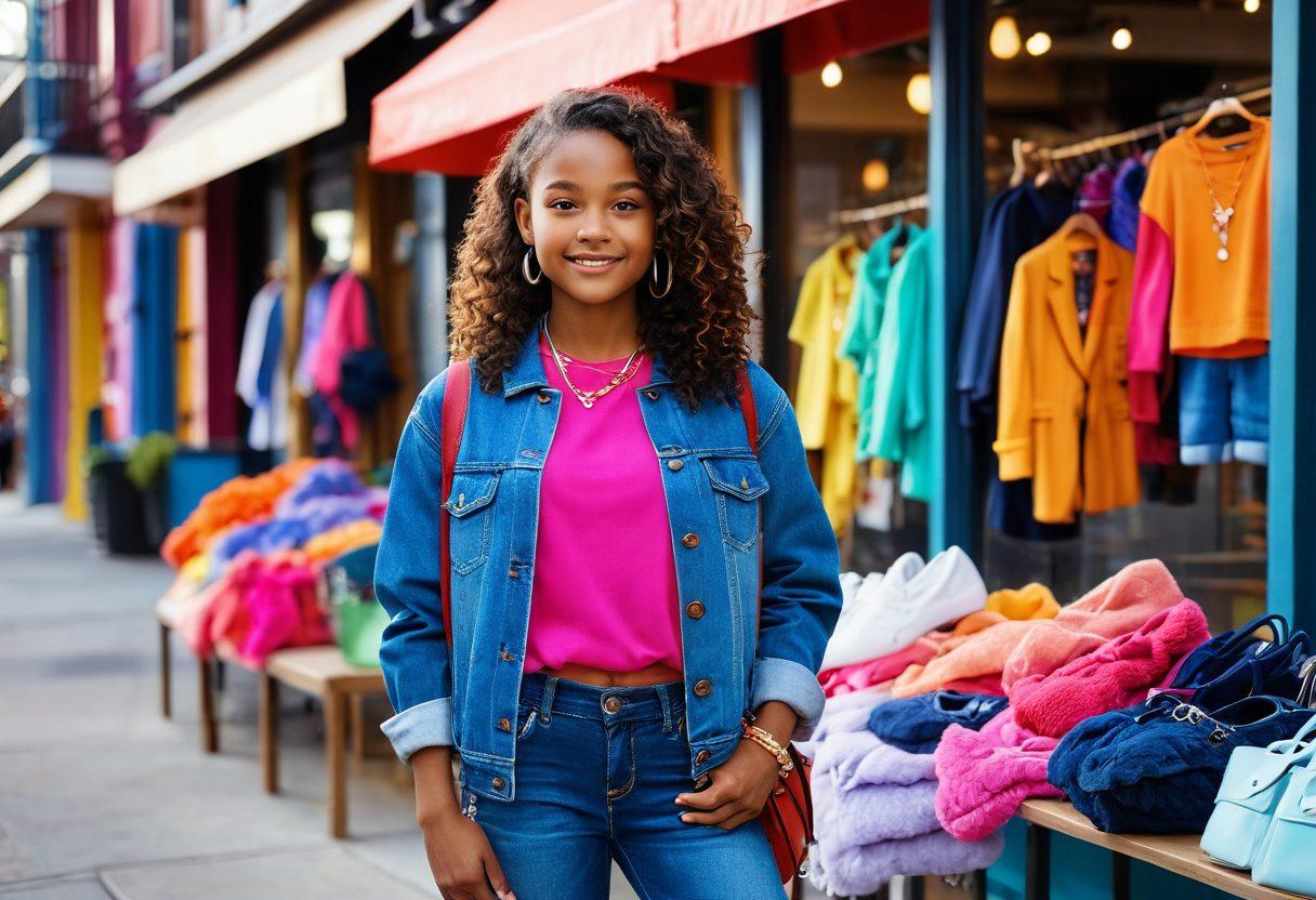 A stylish petite teenage girl standing confidently in a vibrant urban setting, surrounded by chic fashion items and trendy lifestyle accessories. Include elements that represent supportive parenting, like a glowing family silhouette in the background. The scene should feel empowering and uplifting, radiating positivity and creativity. Bright colors and a lively atmosphere. super-realistic. vibrant colors. playful background.